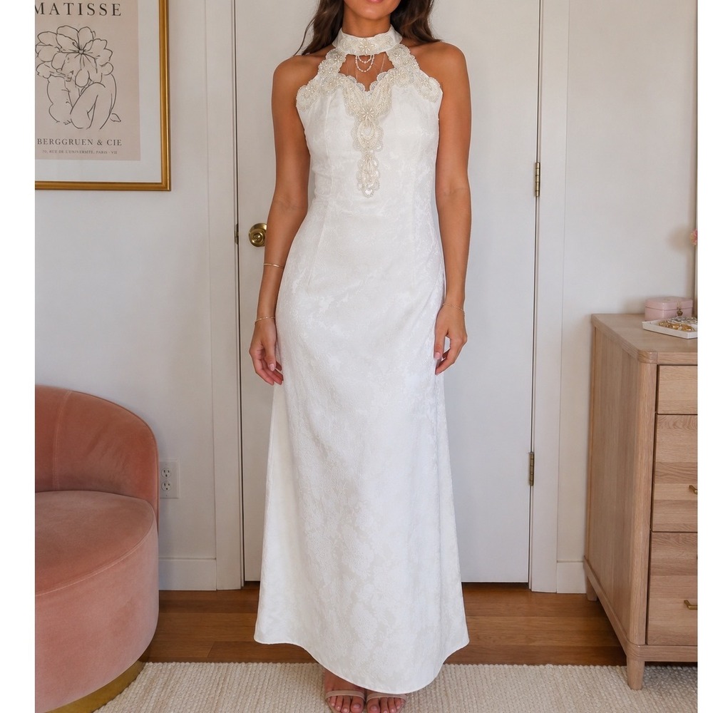 Loralie Vintage White Beaded Halter Maxi Dress 8 Bridal wedding formal gown